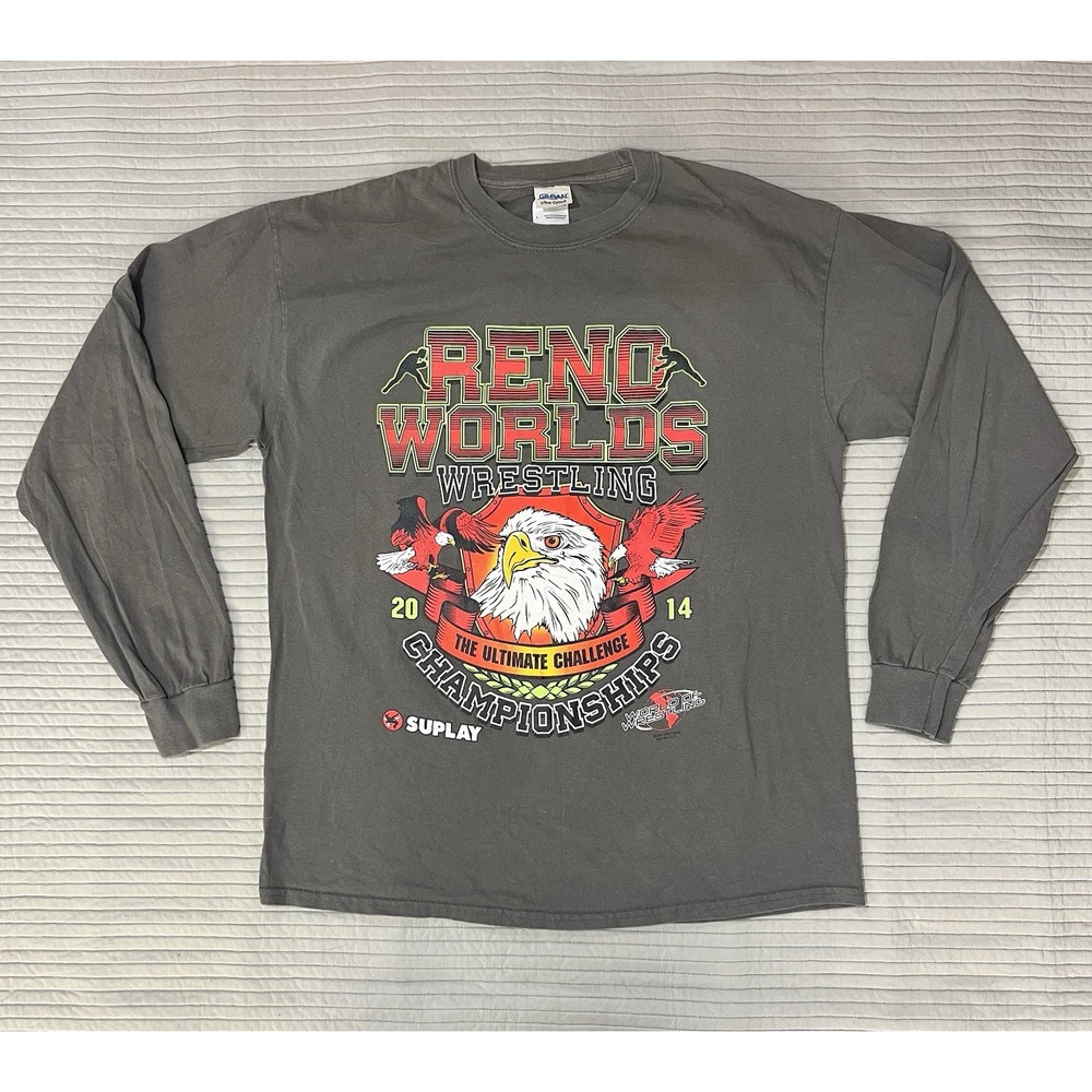 Reno Worlds Wrestling 2014 Championships Long Sleeve Gray Shirt Mens Size Large